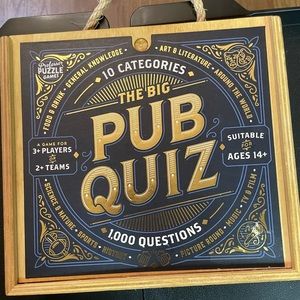 NEW but opened The Big Pub Quiz in wooden box with rope handle